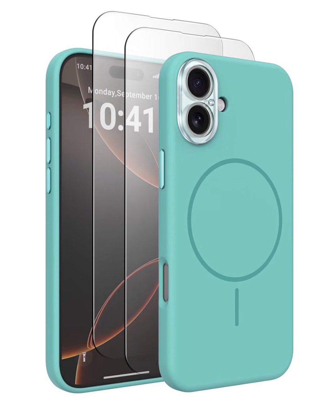 Magnetic Silicone iPhone 16 Case with Screen Protectors - Cyan NEW